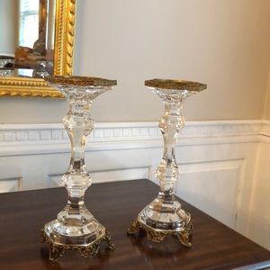2 Crystal and brass candlesticks